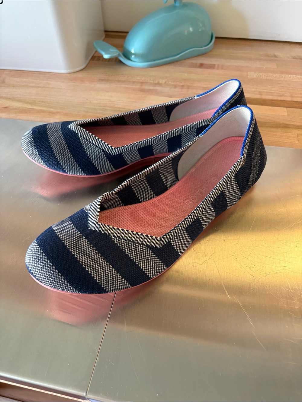 Rothy's Navy Blue and White Striped Ballet Flats with Rust Insole - Picture 5 of 5